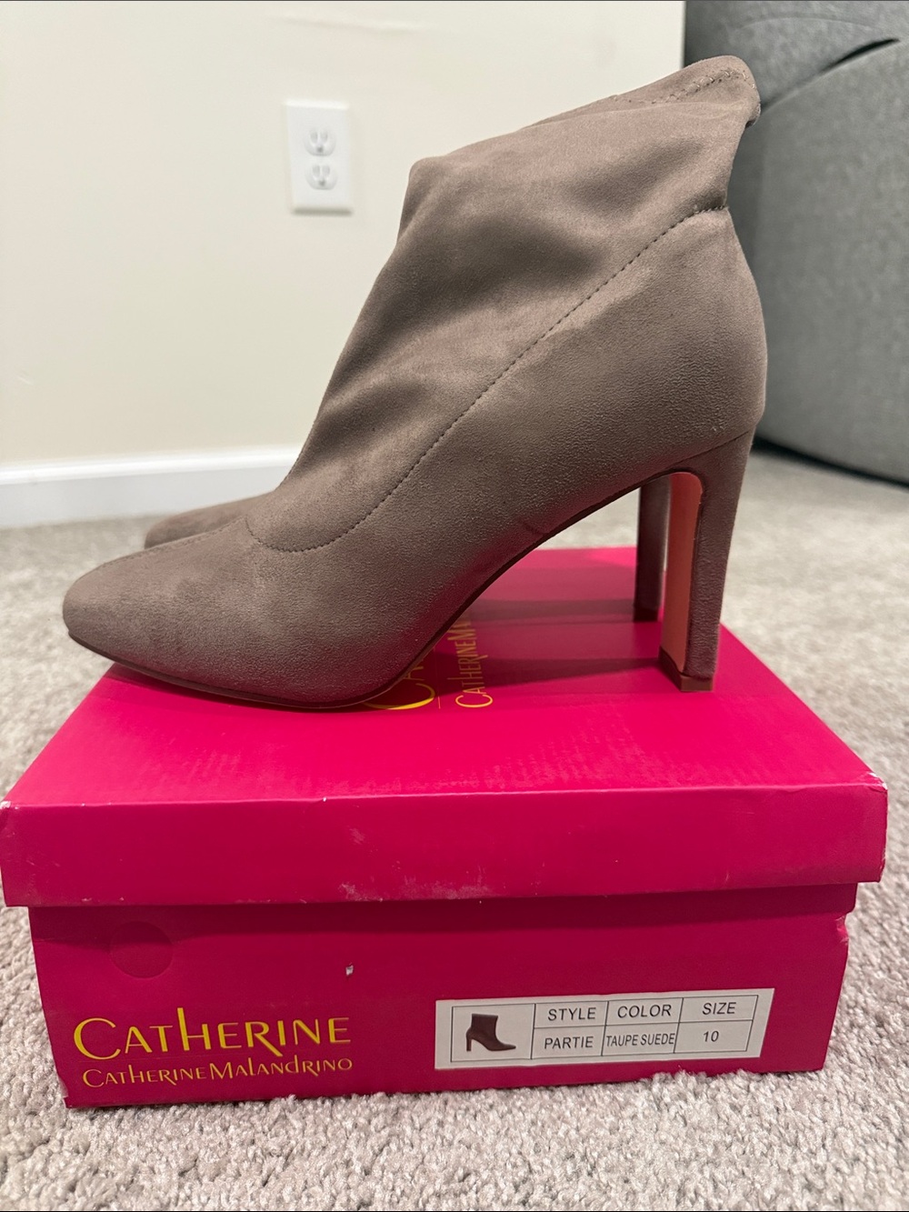 Catherine Malandrino Taupe Suede High Heel Ankle Boots